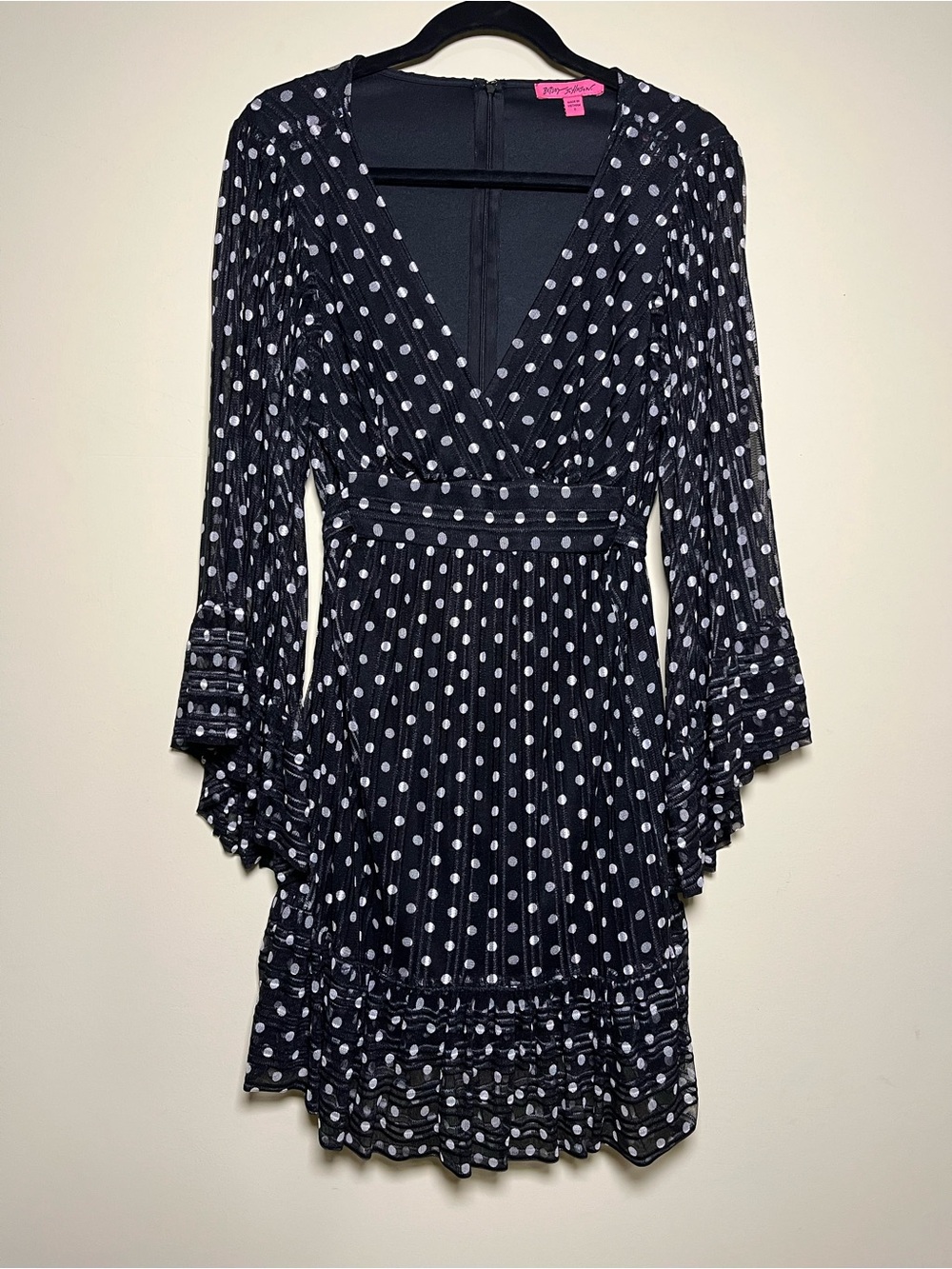 Betsey Johnson Black Polka Dot Bell Sleeve Ruffle Dress Stretch Mesh Size 8